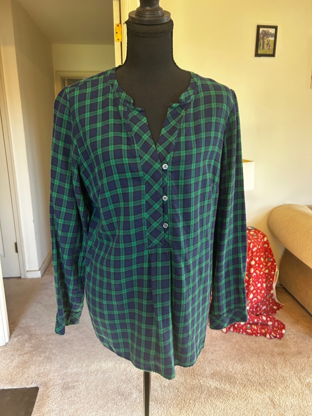 Talbots Navy and Green Plaid Button-Front Tunic Blouse